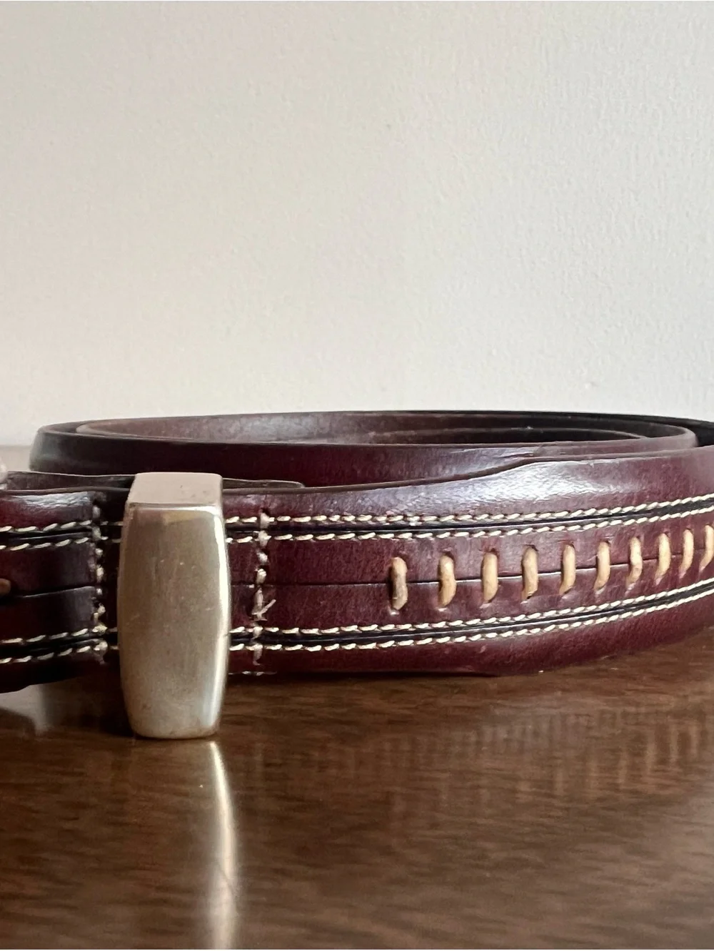 Vintage ONYX by Brighton Belt 42 Brown Leather Whipstitch Silver Western